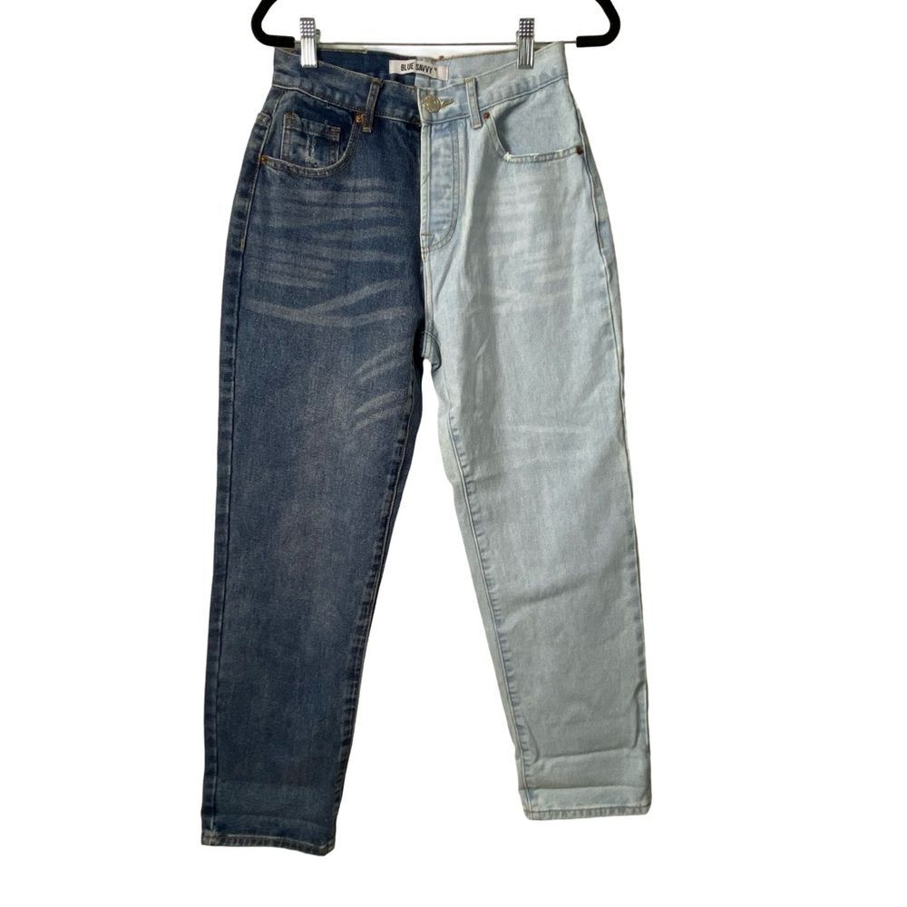 Blue Savvy Two Tone Split Leg High Waisted Jeans Blue Light Wash Colorblock